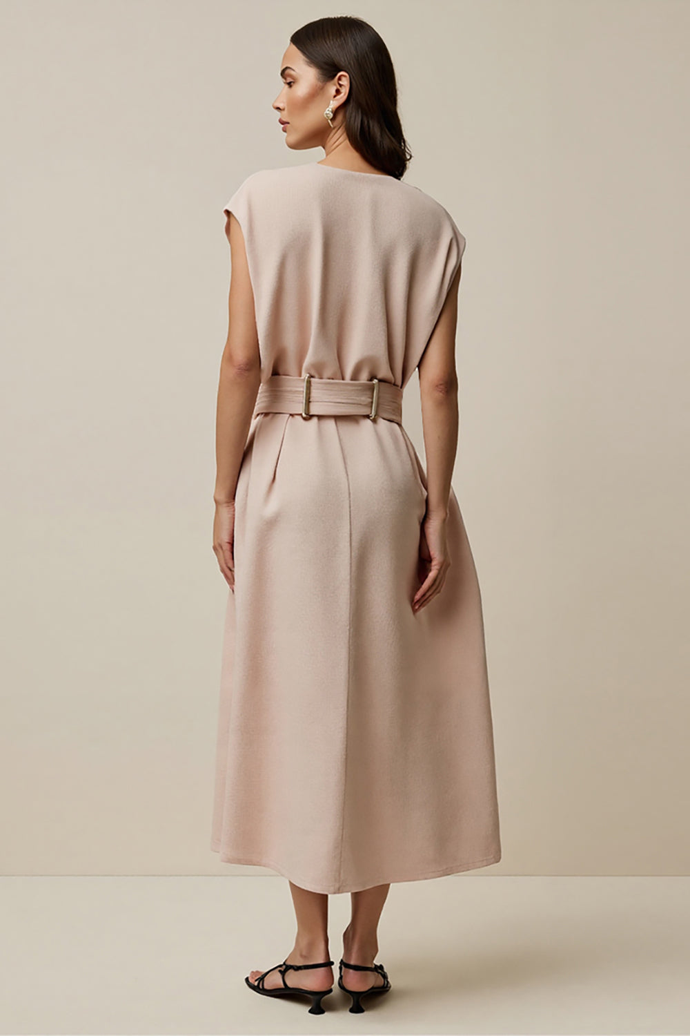 Simple Blush A Line V-Neck Maxi Work Dress with Belt