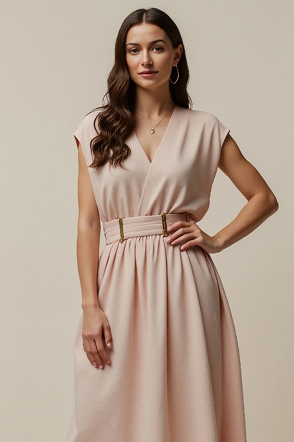 Simple Blush A Line V-Neck Maxi Work Dress with Belt