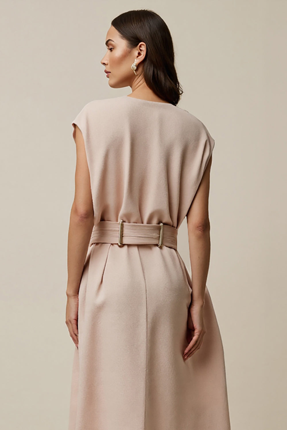 Simple Blush A Line V-Neck Maxi Work Dress with Belt
