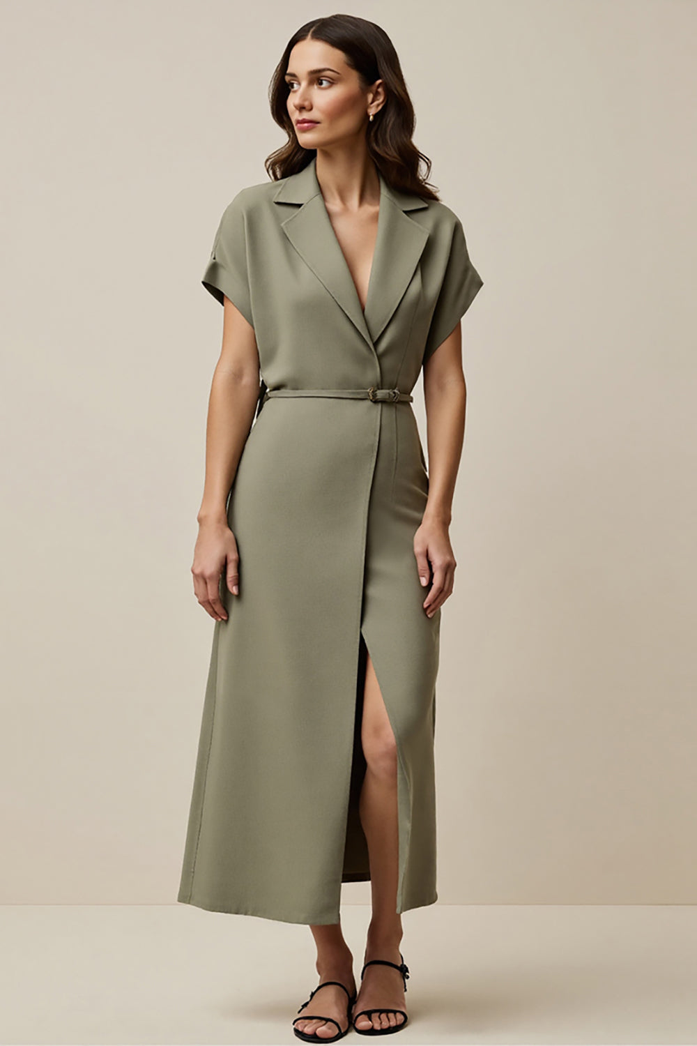 Grey Green A Line Notched Lapel Maxi Work Blazer Dress with Slit