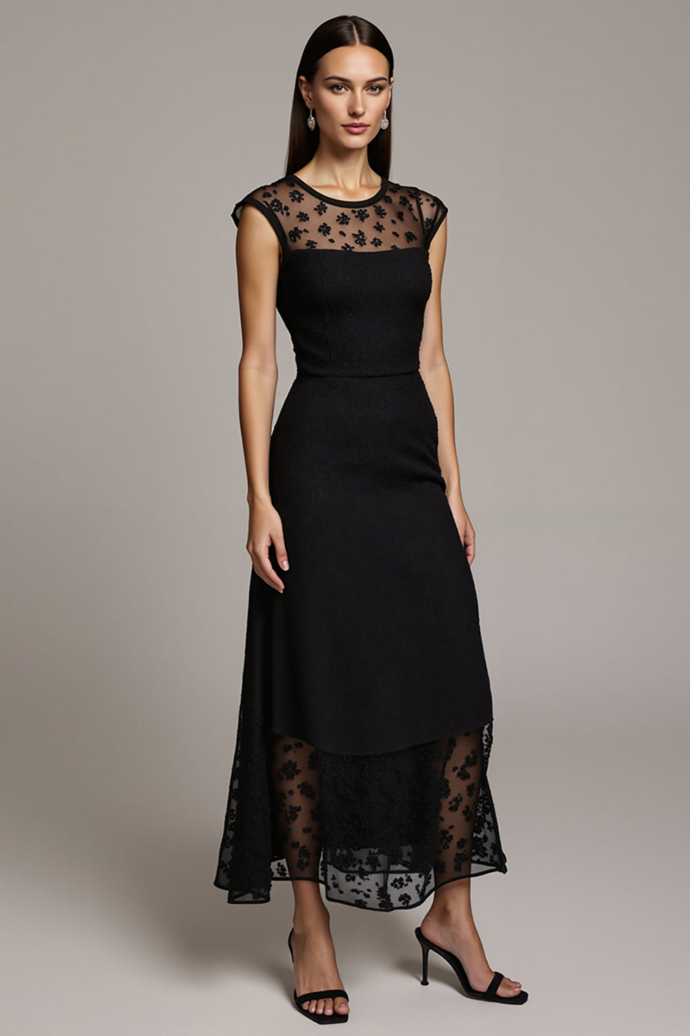 Black Illusion Neck A Line Cap Sleeves Maxi Work Dress with Lace