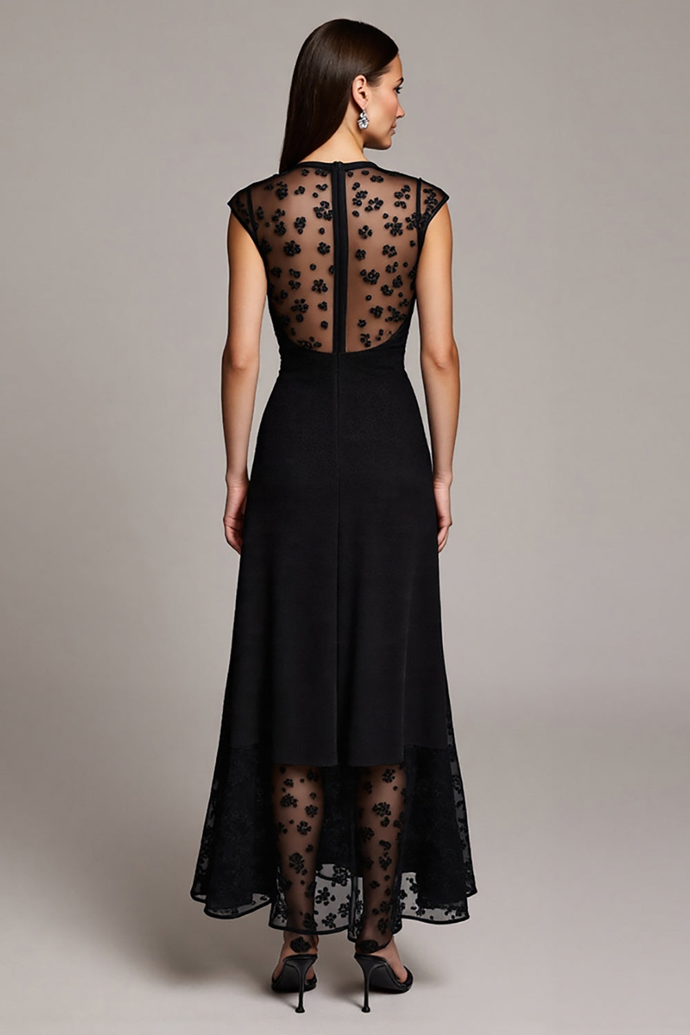 Black Illusion Neck A Line Cap Sleeves Maxi Work Dress with Lace