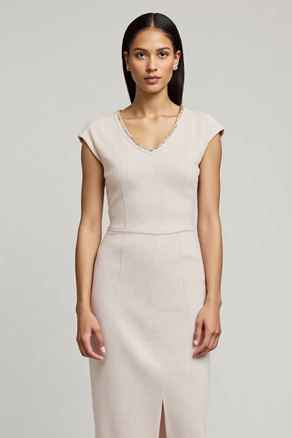 Simple Light Pink Pencil Cap Sleeves Midi Work Dress with Slit