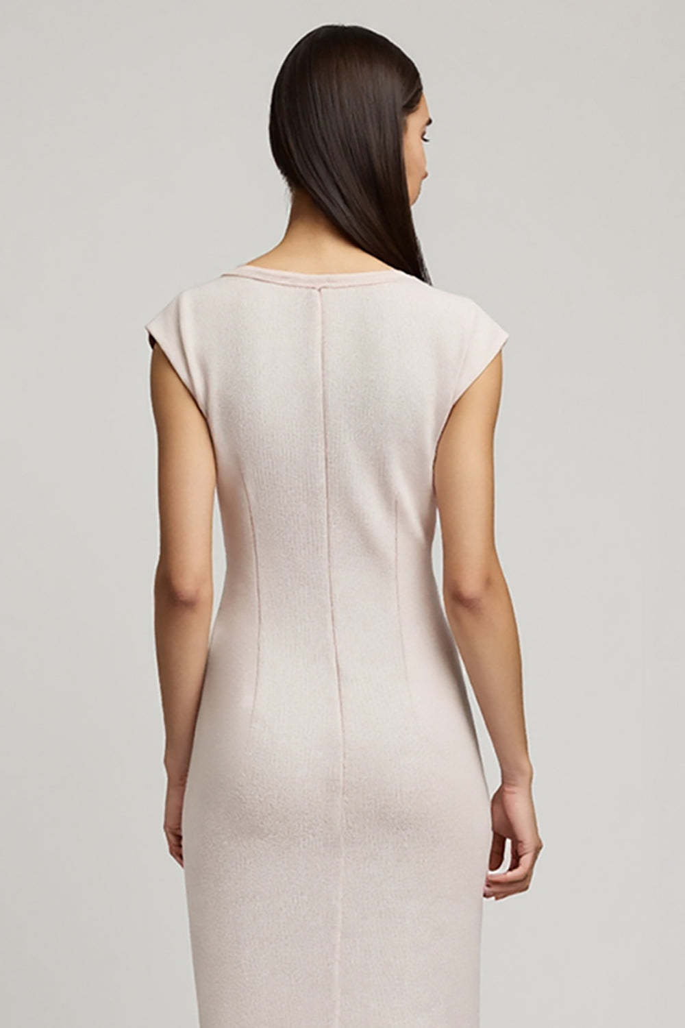 Simple Light Pink Pencil Cap Sleeves Midi Work Dress with Slit