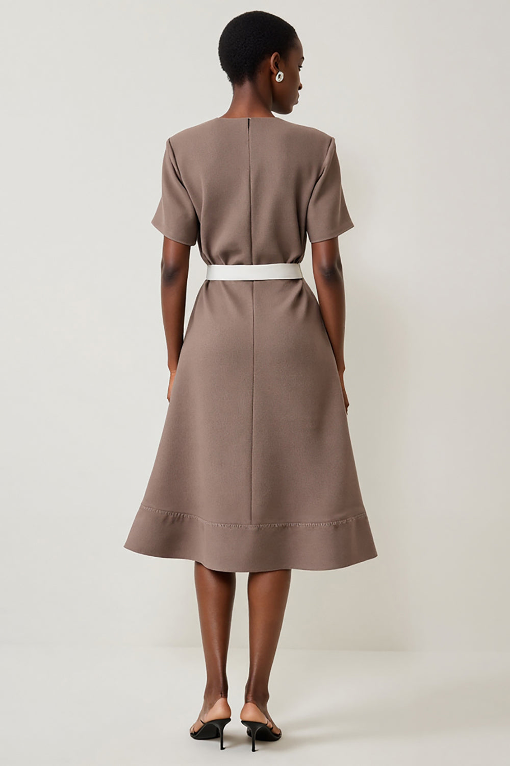 Simple Grey A Line Short Sleeves Midi Work Dress with Belt