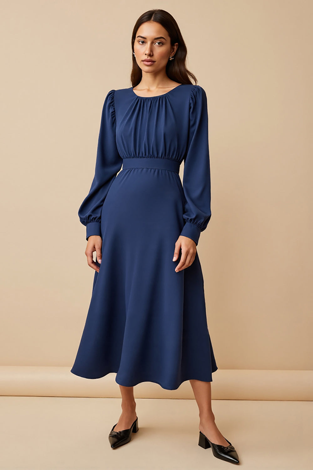 Navy Satin Ruched A Line Midi Work Dress with Long Sleeves