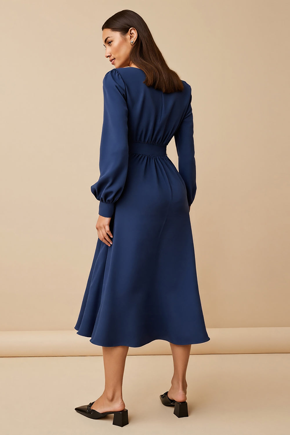Navy Satin Ruched A Line Midi Work Dress with Long Sleeves