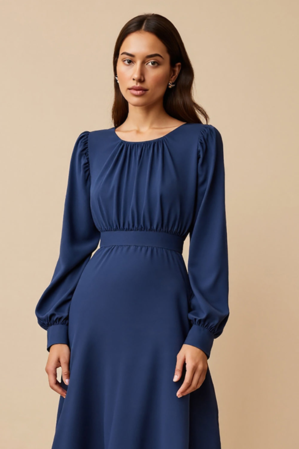 Navy Satin Ruched A Line Midi Work Dress with Long Sleeves