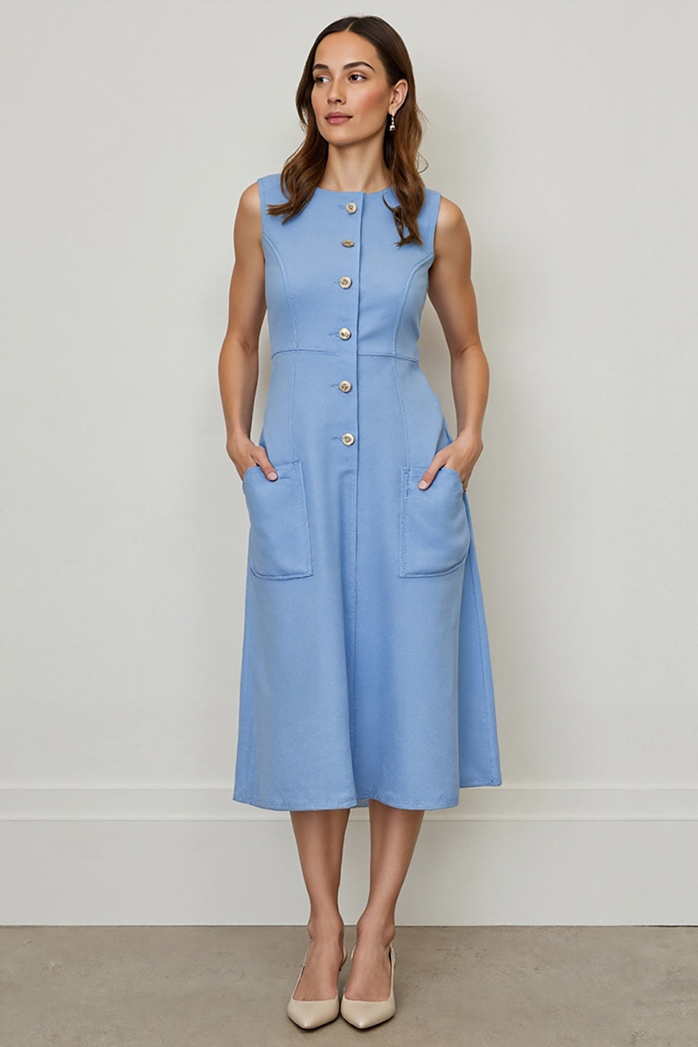 Blue A Line Single Breasted Round Neck Midi Work Dress with Pockets