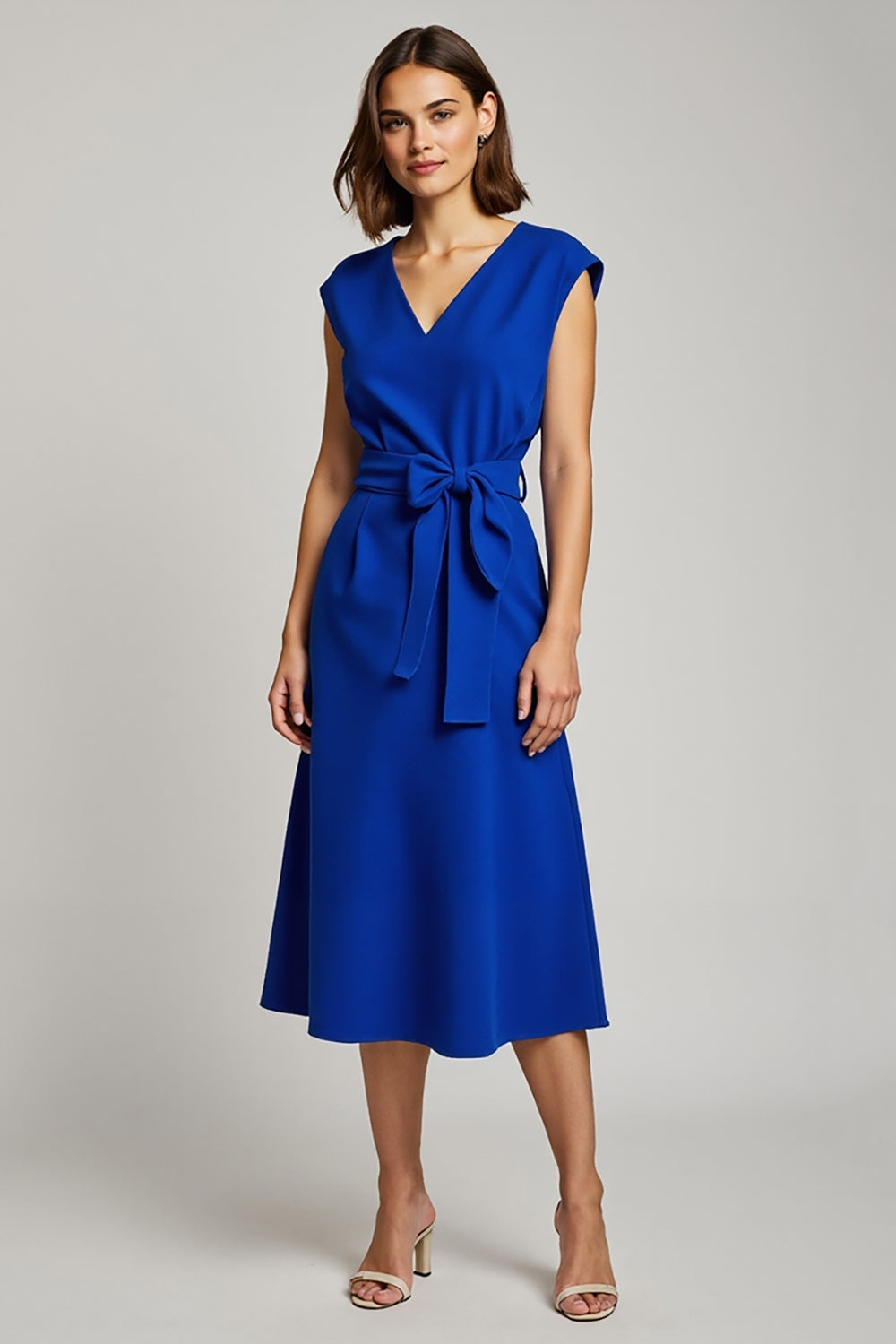 Royal Blue Satin V-Neck Cap Sleeves Midi Work Dress with Bow