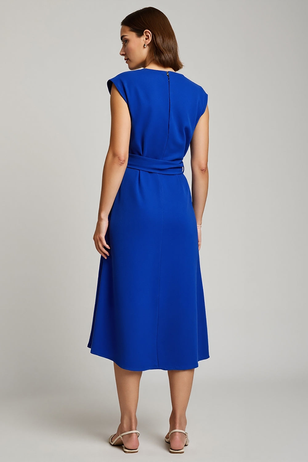 Royal Blue Satin V-Neck Cap Sleeves Midi Work Dress with Bow