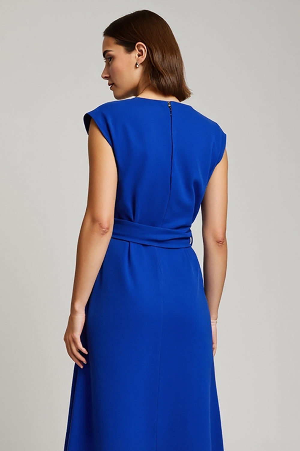 Royal Blue Satin V-Neck Cap Sleeves Midi Work Dress with Bow
