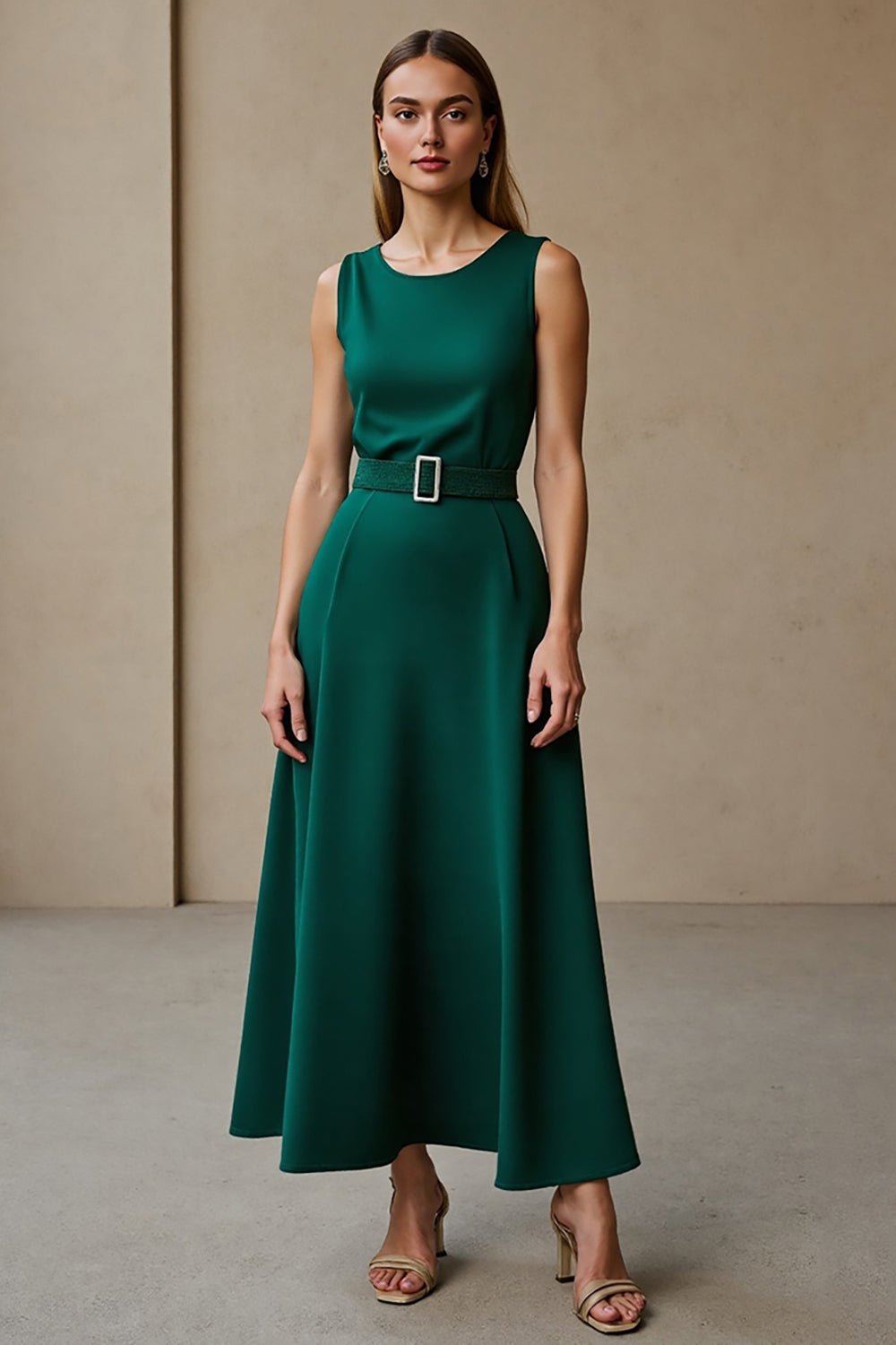Dark Green Satin A Line Round Neck Maxi Work Dress with Belt