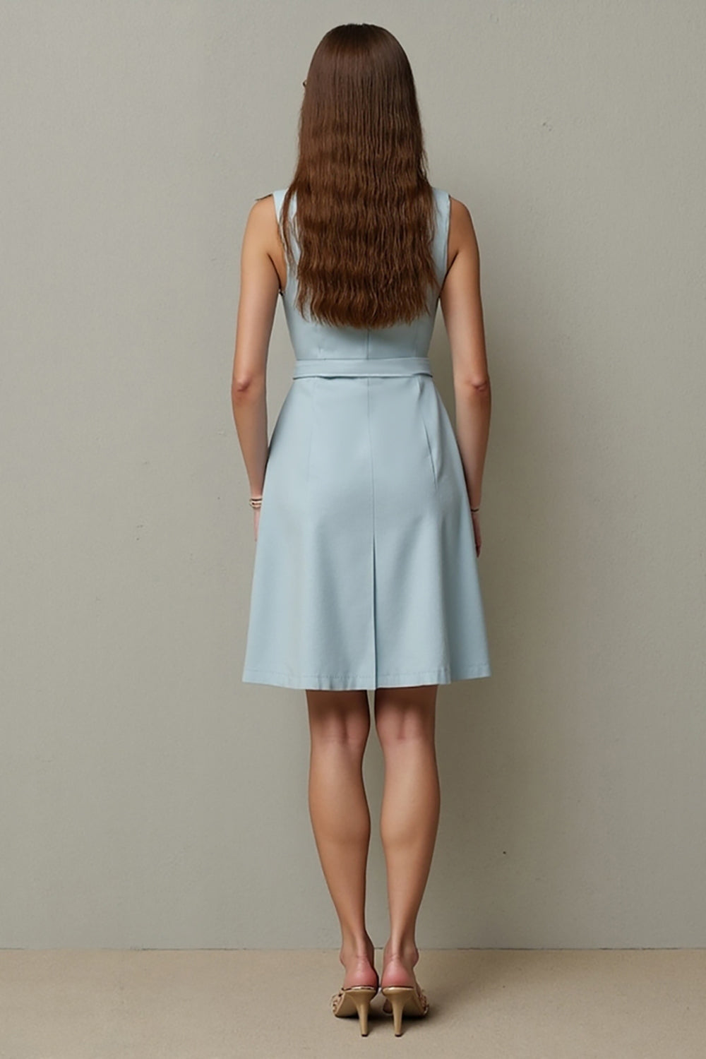 Light Blue A Line Single Breasted Short Work Dress with Belt