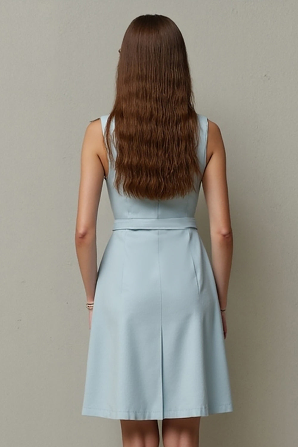 Light Blue A Line Single Breasted Short Work Dress with Belt