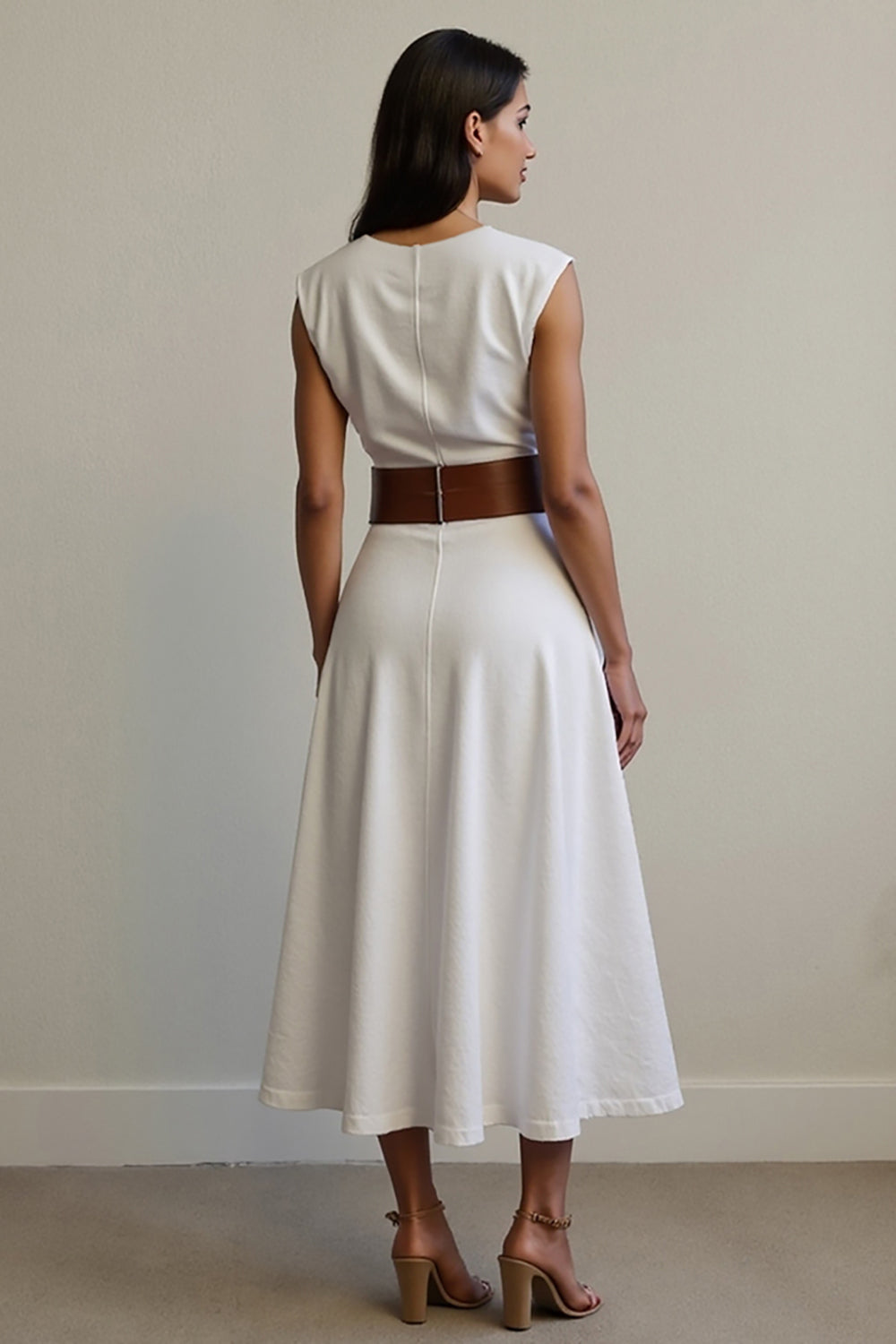 Simple White A Line V-Neck Maxi Work Dress with Belt