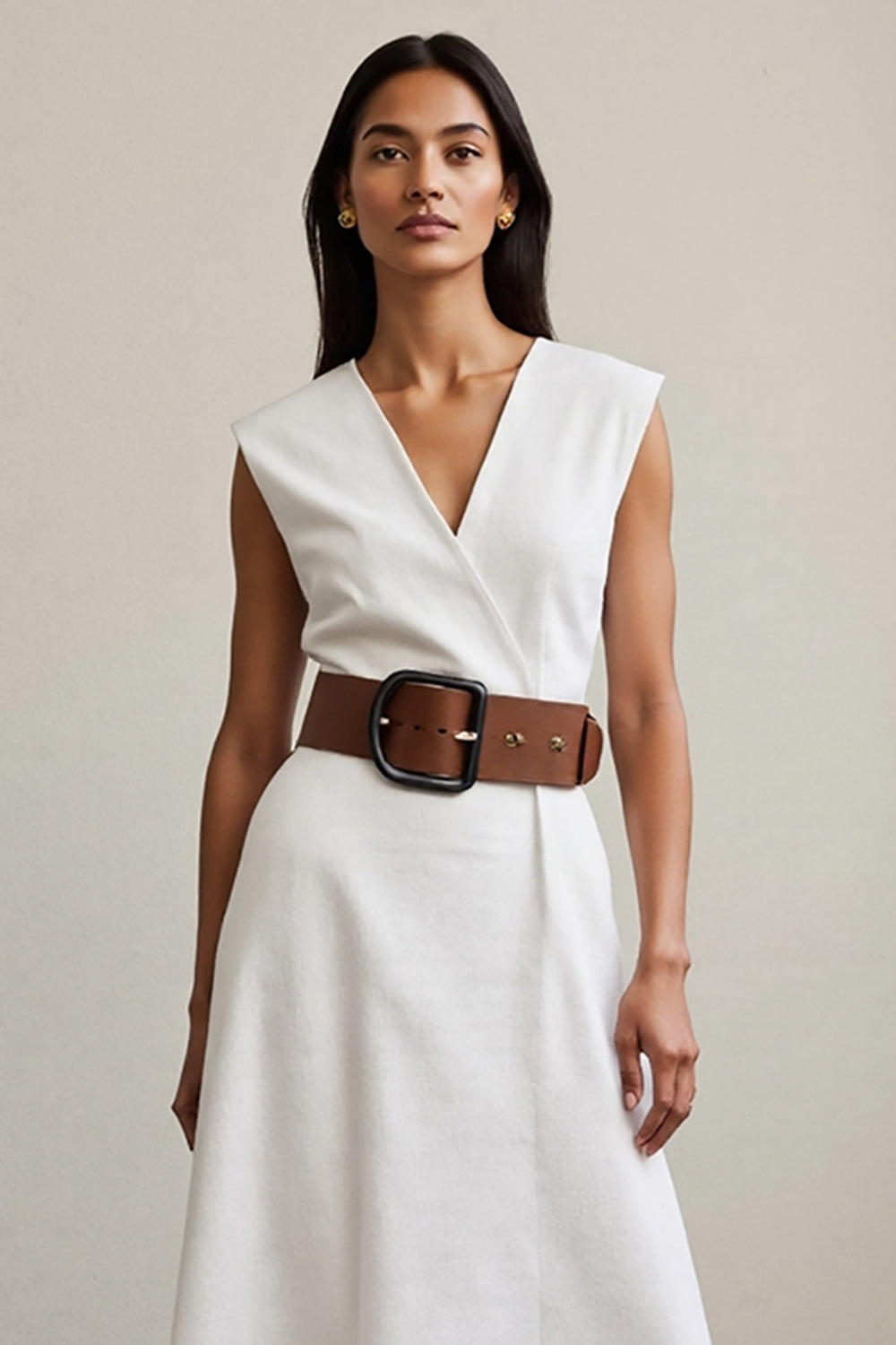 Simple White A Line V-Neck Maxi Work Dress with Belt