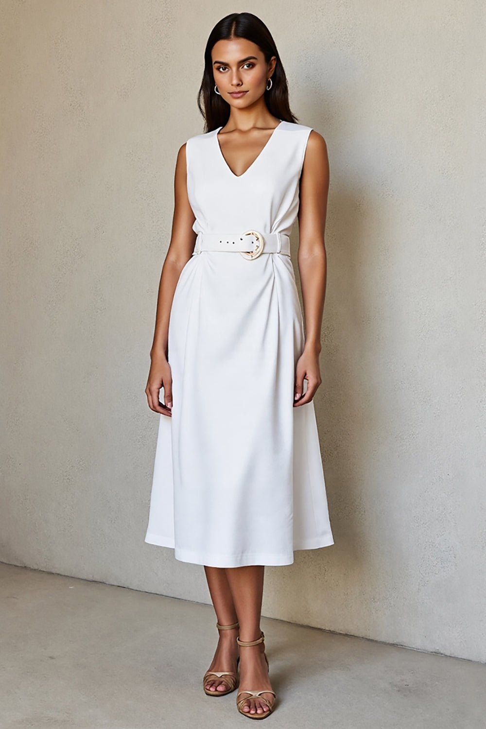 White V-Neck A Line Ruched Midi Work Dress with Belt