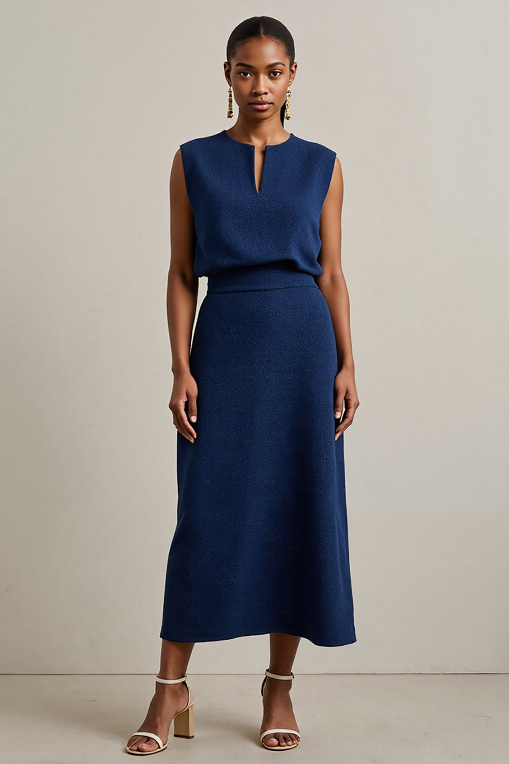 Simple Navy Satin Round Neck Maxi Pencil Work Dress