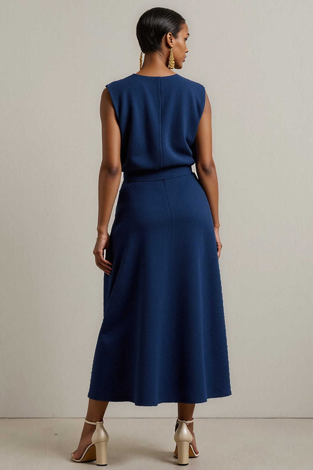 Simple Navy Satin Round Neck Maxi Pencil Work Dress