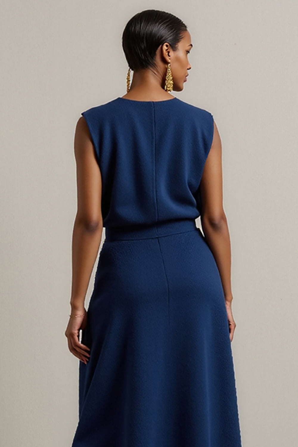 Simple Navy Satin Round Neck Maxi Pencil Work Dress
