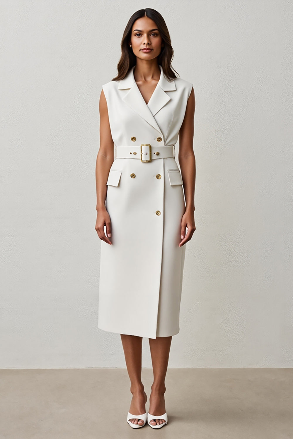 White Pencil Satin Notched Lapel Midi Blazer Dress with Belt