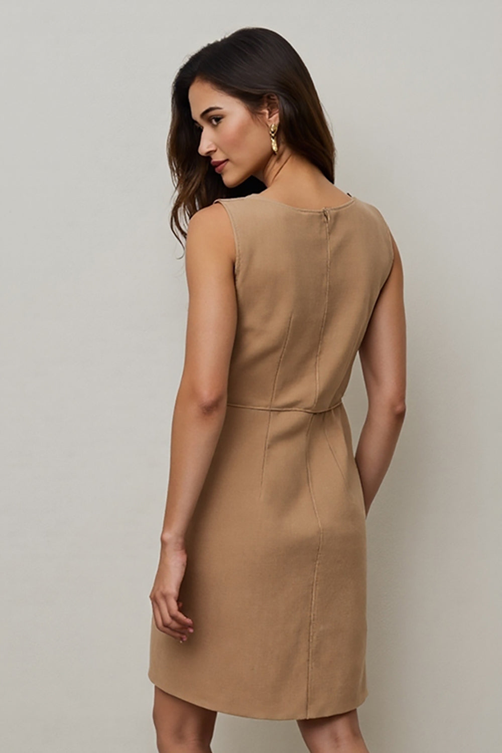 Camel Pencil Round Neck Short Work Dress with Pockets