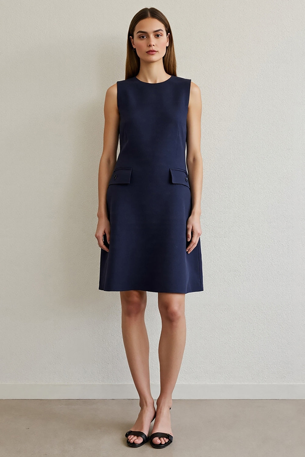 Navy Pencil Satin Round Neck Short Work Dress