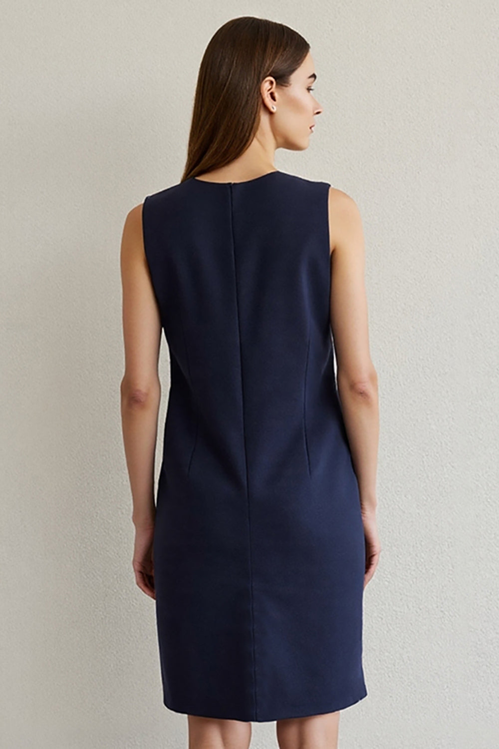 Navy Pencil Satin Round Neck Short Work Dress