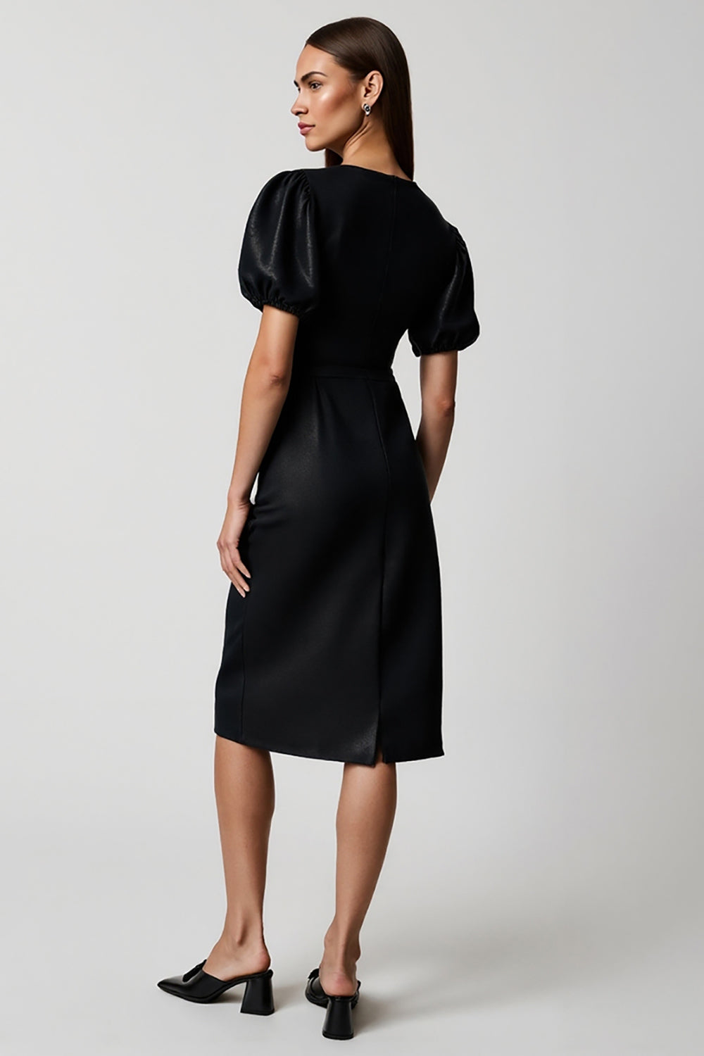 Black Pencil Satin V-Neck Midi Work Dress with Sleeves