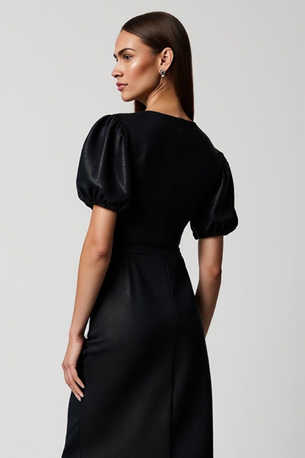 Black Pencil Satin V-Neck Midi Work Dress with Sleeves