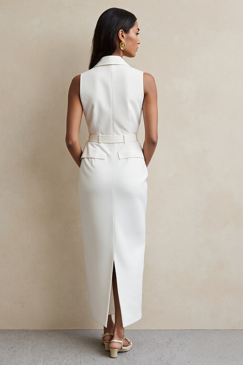 White Pencil Notched Lapel Maxi Work Blazer Dress with Buttons