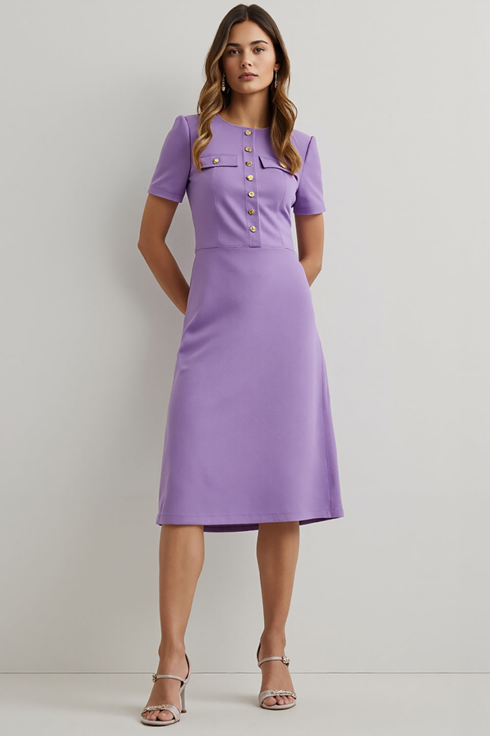 Purple Pencil Round Neck Midi Work Dress with Sleeves