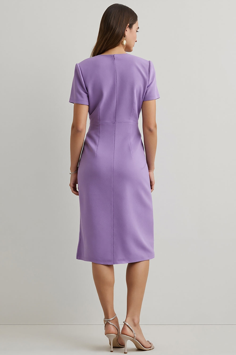 Purple Pencil Round Neck Midi Work Dress with Sleeves
