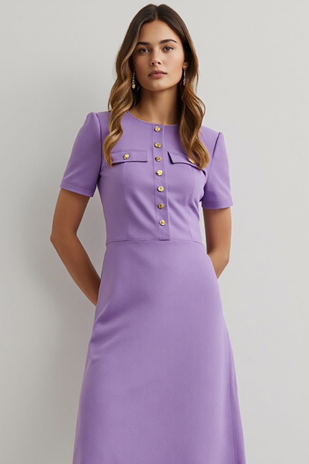 Purple Pencil Round Neck Midi Work Dress with Sleeves