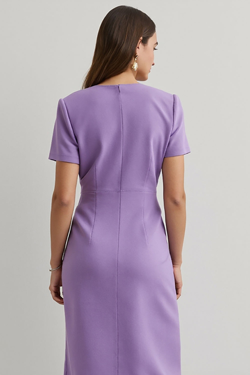Purple Pencil Round Neck Midi Work Dress with Sleeves