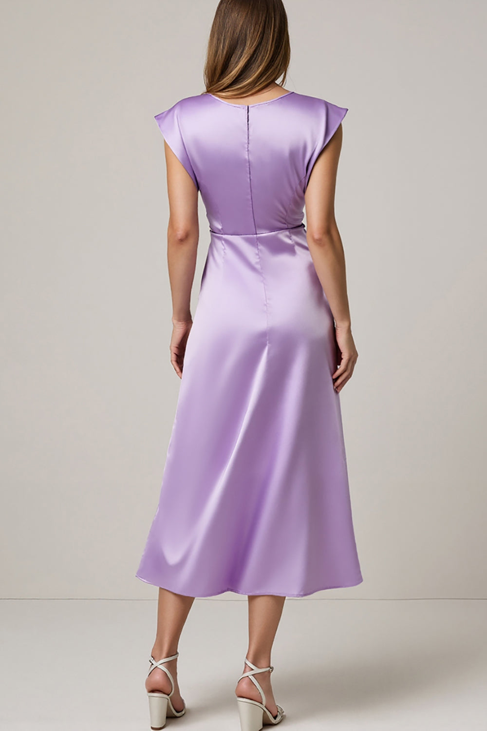 Purple A Line Ruched Round Neck Midi Satin Work Dress