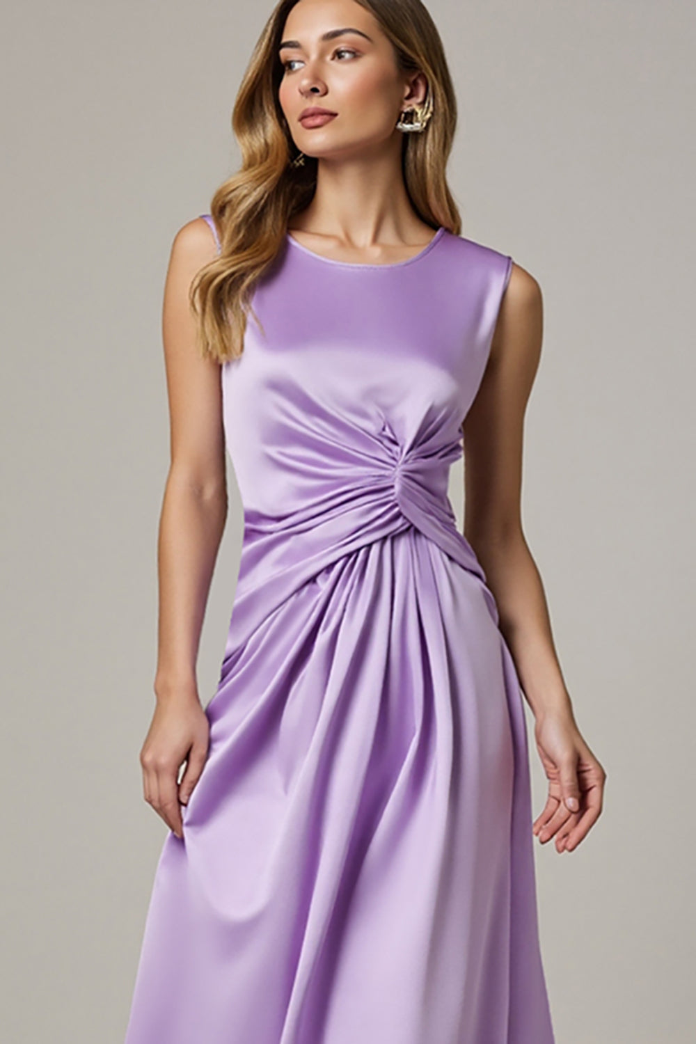 Purple A Line Ruched Round Neck Midi Satin Work Dress
