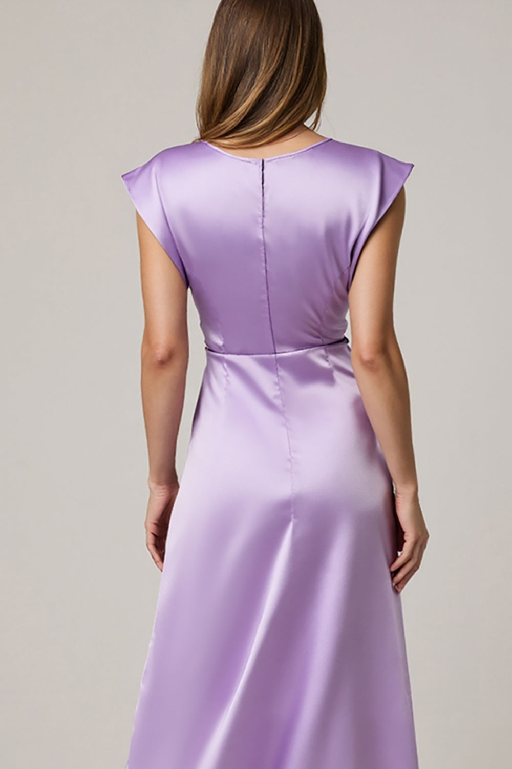 Purple A Line Ruched Round Neck Midi Satin Work Dress