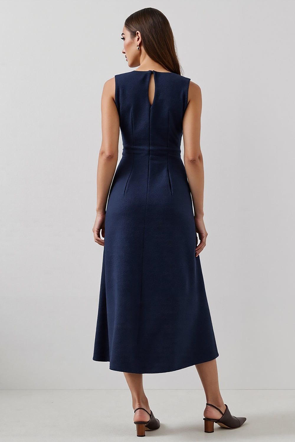 Elegant Navy Satin Bateau Neck A Line Maxi Work Dress