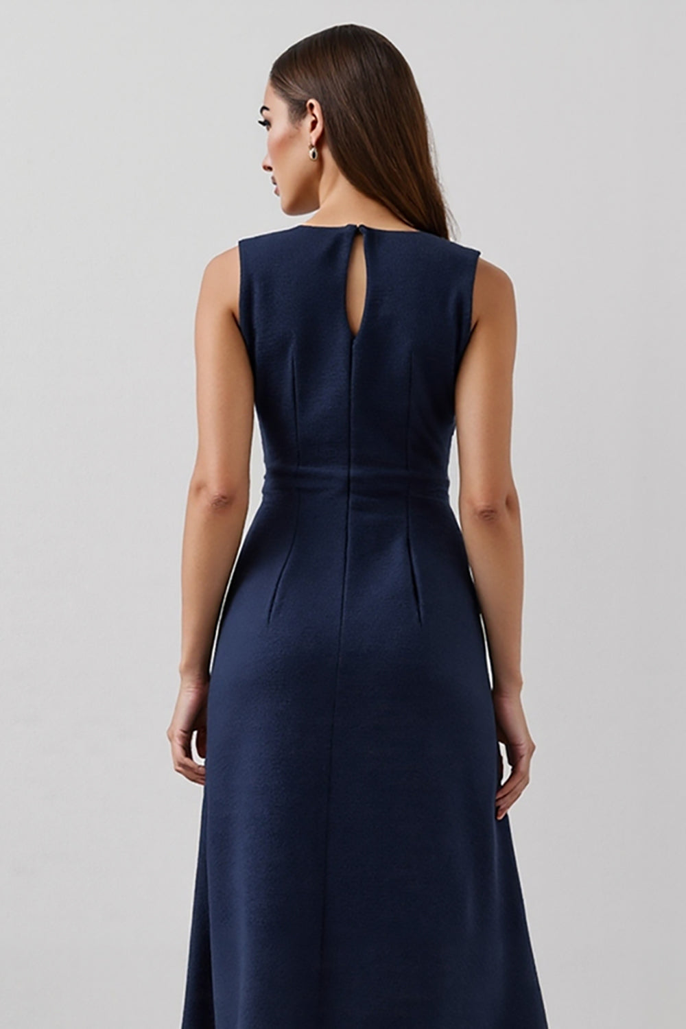 Elegant Navy Satin Bateau Neck A Line Maxi Work Dress