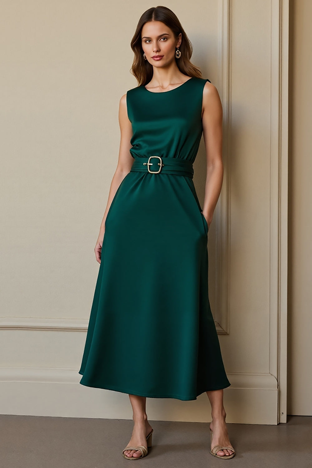 Dark Green A Line Round Neck Satin Maxi Work Dress with Pockets