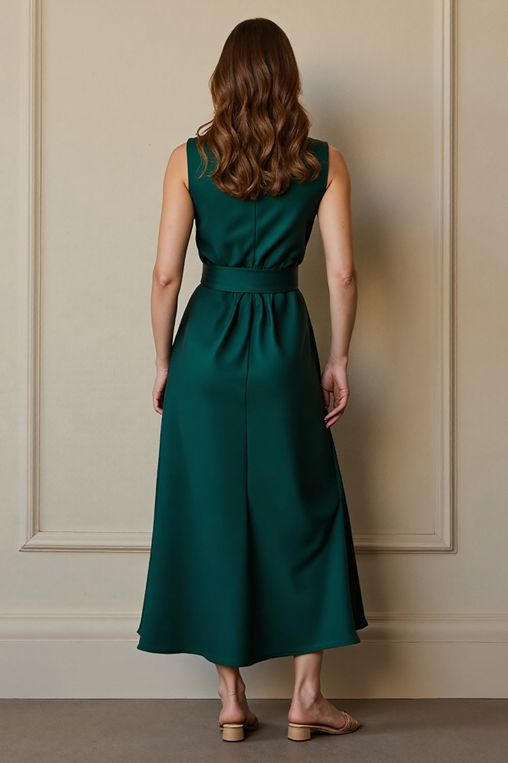 Dark Green A Line Round Neck Satin Maxi Work Dress with Pockets