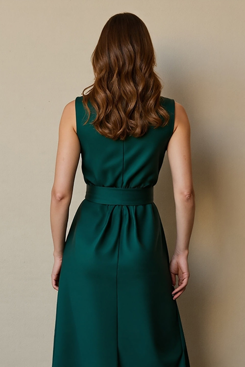 Dark Green A Line Round Neck Satin Maxi Work Dress with Pockets