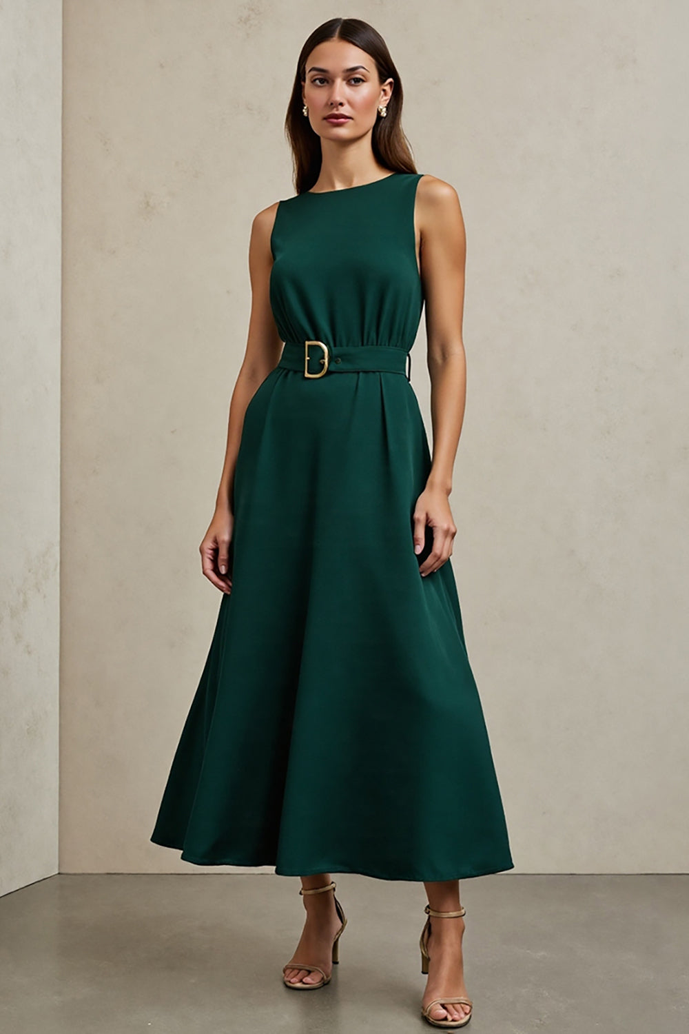 Dark Green A Line Satin Round Neck Maxi Work Dress with Belt