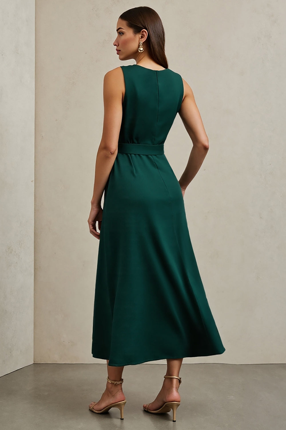Dark Green A Line Satin Round Neck Maxi Work Dress with Belt