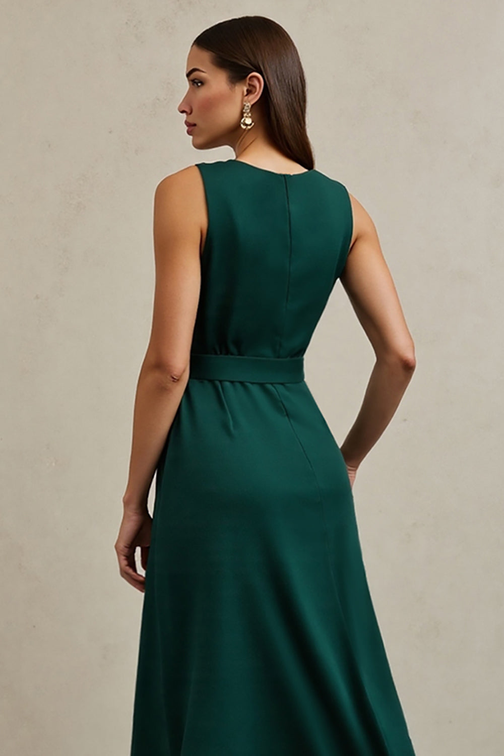 Dark Green A Line Satin Round Neck Maxi Work Dress with Belt
