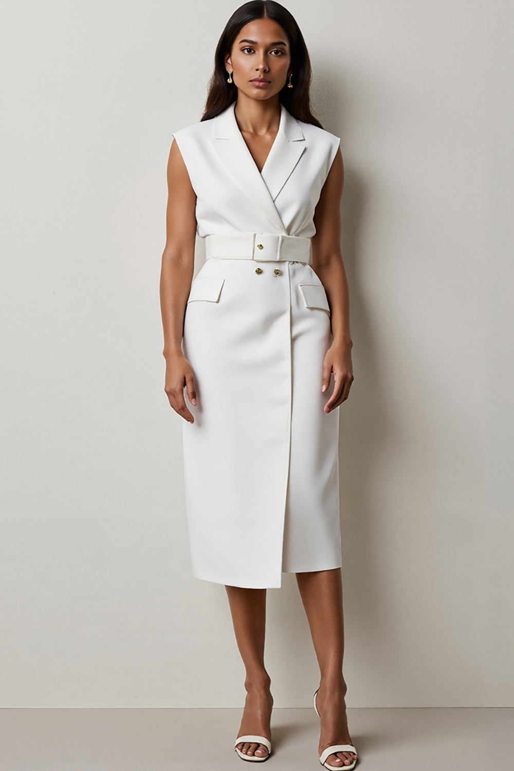 White Pencil Notched Lapel Midi Blazer Dress with Belt