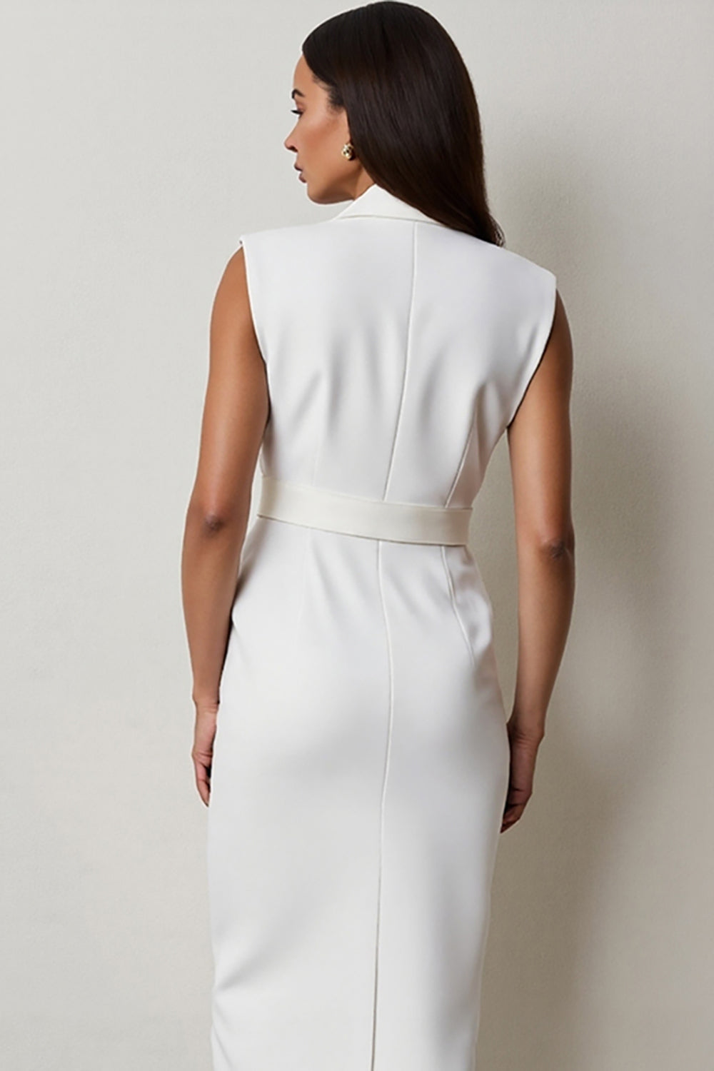 White Pencil Notched Lapel Midi Blazer Dress with Belt