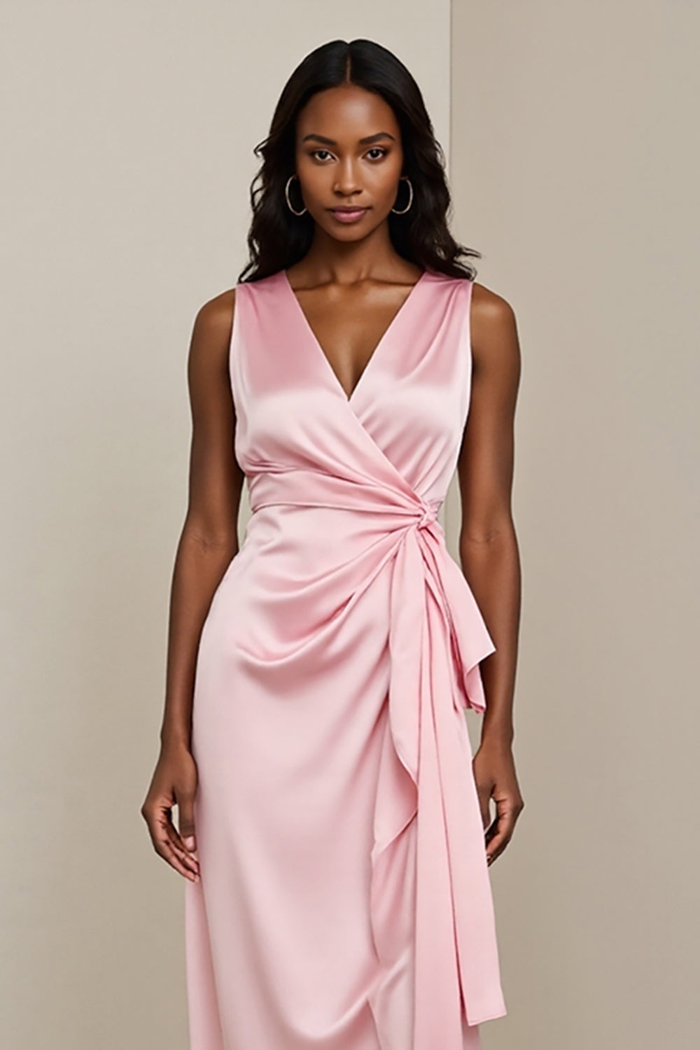 Pink Satin Sheath Ruched Midi Wedding Guest Dress with Sash